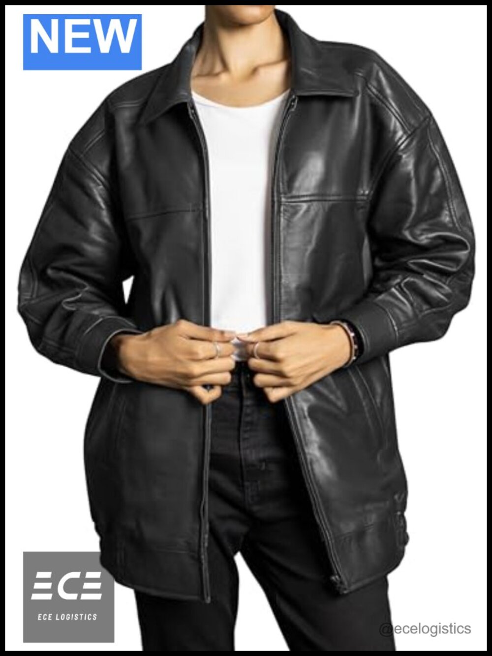 Oversized Lambskin Leather Jacket Notched Collar Zipper Moto